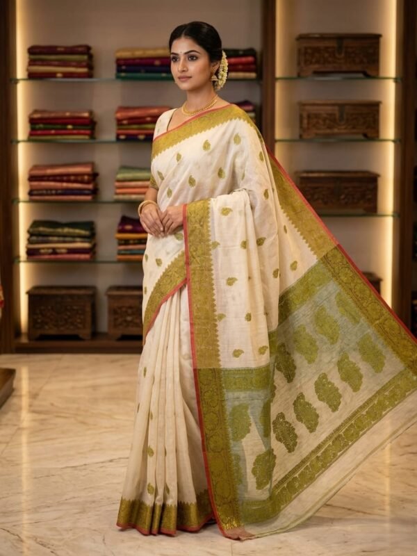 Nokshimala Design Soft Dhakai Jamdani Sari with Blouse Piece - Vanilla