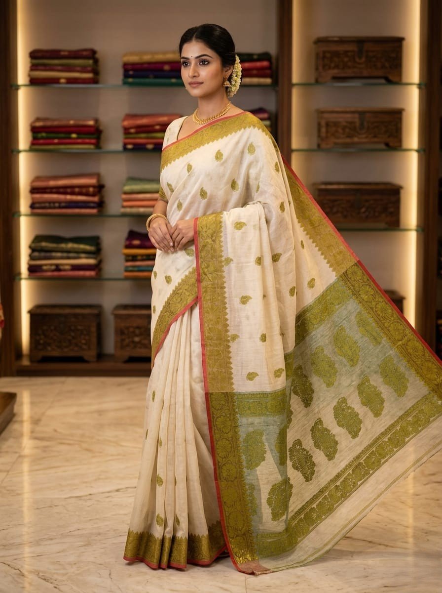 Nokshimala Design Soft Dhakai Jamdani Sari with Blouse Piece - Vanilla