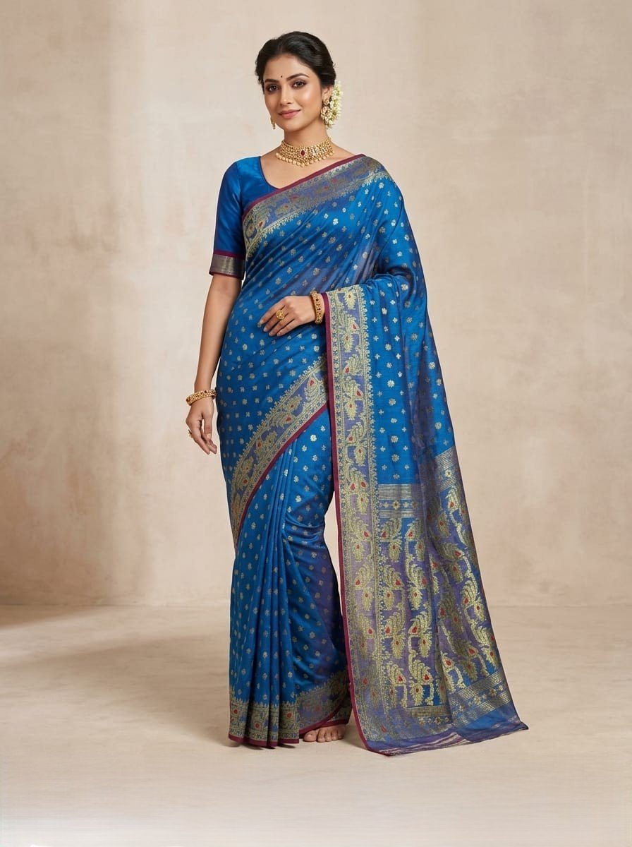 Allover Buti Soft Dhakai Jamdani Sari with Blouse Piece - Venice Blue