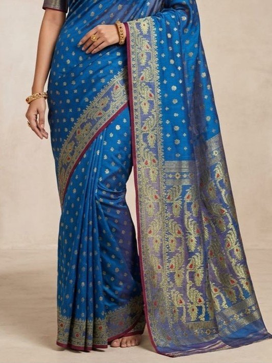 Allover Buti Soft Dhakai Jamdani Sari with Blouse Piece - Venice Blue