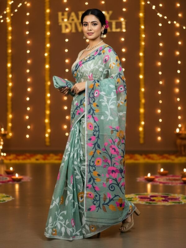 Lota Pata Soft Dhakai Jamdani Saree with Blouse Piece - Viridian Green