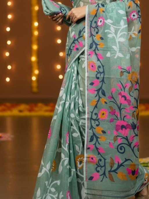 Lota Pata Soft Dhakai Jamdani Saree with Blouse Piece - Viridian Green