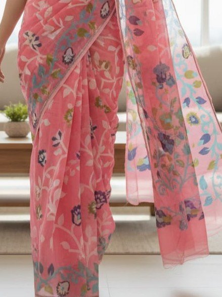 Lota Pata Soft Dhakai Jamdani Saree with Blouse Piece - Watermelon