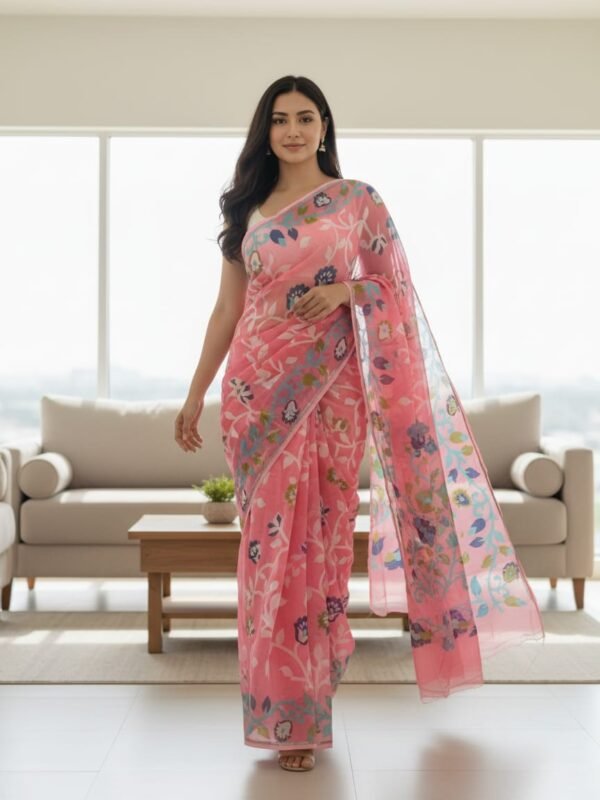 Lota Pata Soft Dhakai Jamdani Saree with Blouse Piece - Watermelon