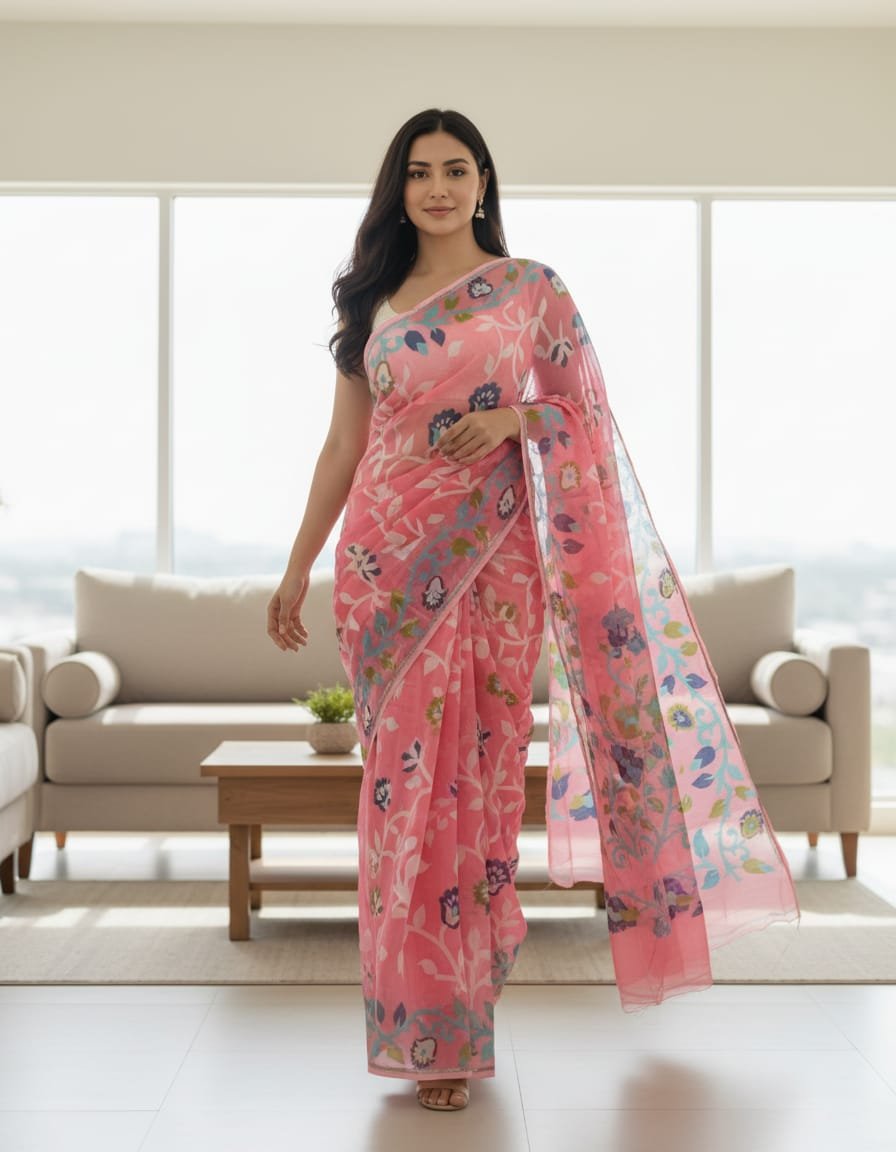Lota Pata Soft Dhakai Jamdani Saree with Blouse Piece - Watermelon