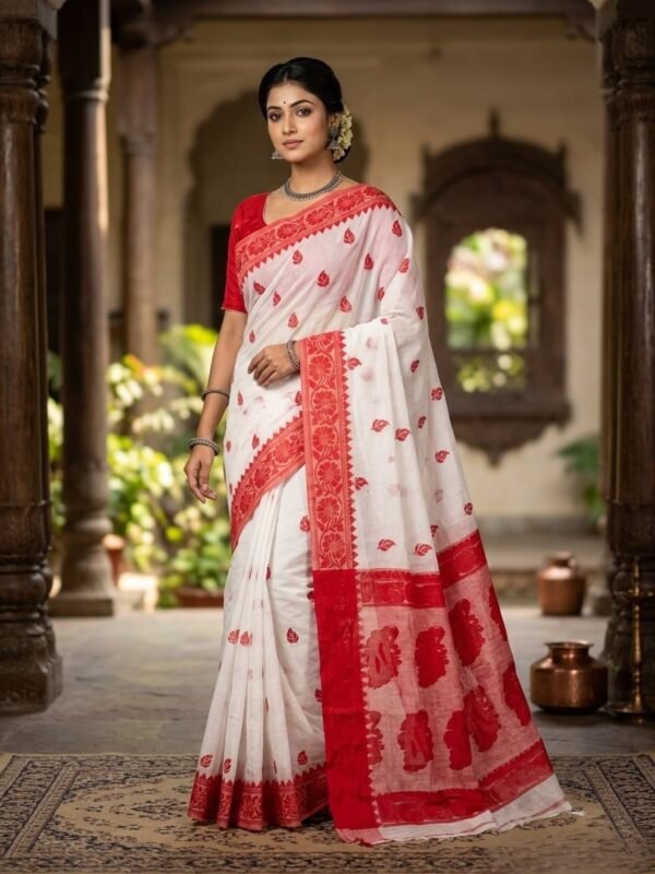 Nokshimala Design Soft Dhakai Jamdani Sari with Blouse Piece - White