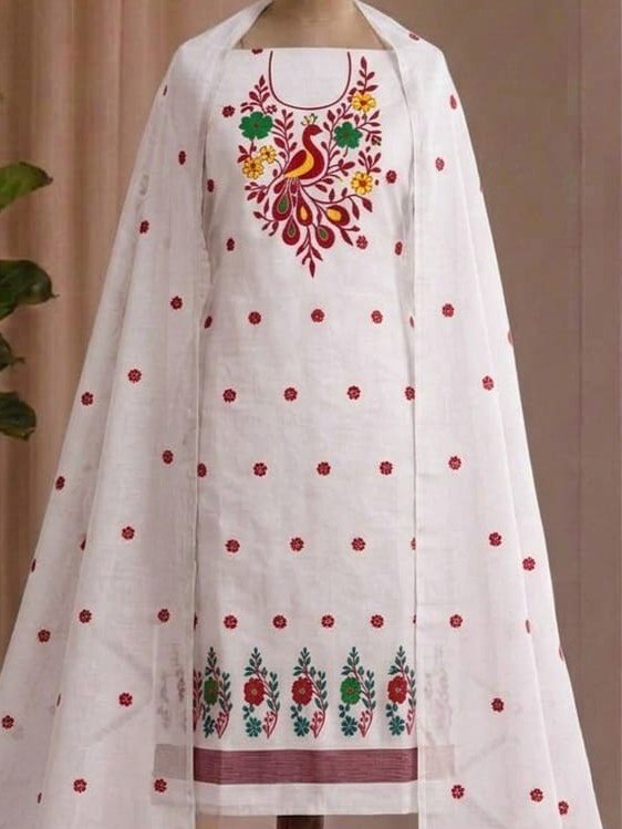 Peacock Design Unstitched Soft 2 Piece Salwar Set - White
