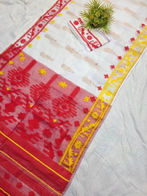 Shiuli Korat Soft Dhakai Jamdani Saree with Blouse Piece - White