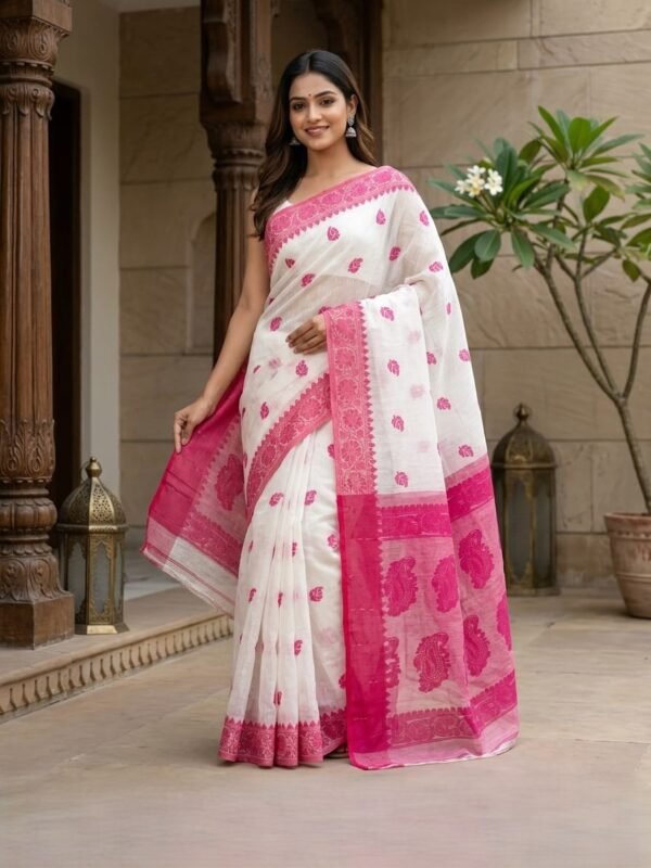 Nokshimala Design Soft Dhakai Jamdani Sari with Blouse Piece - White