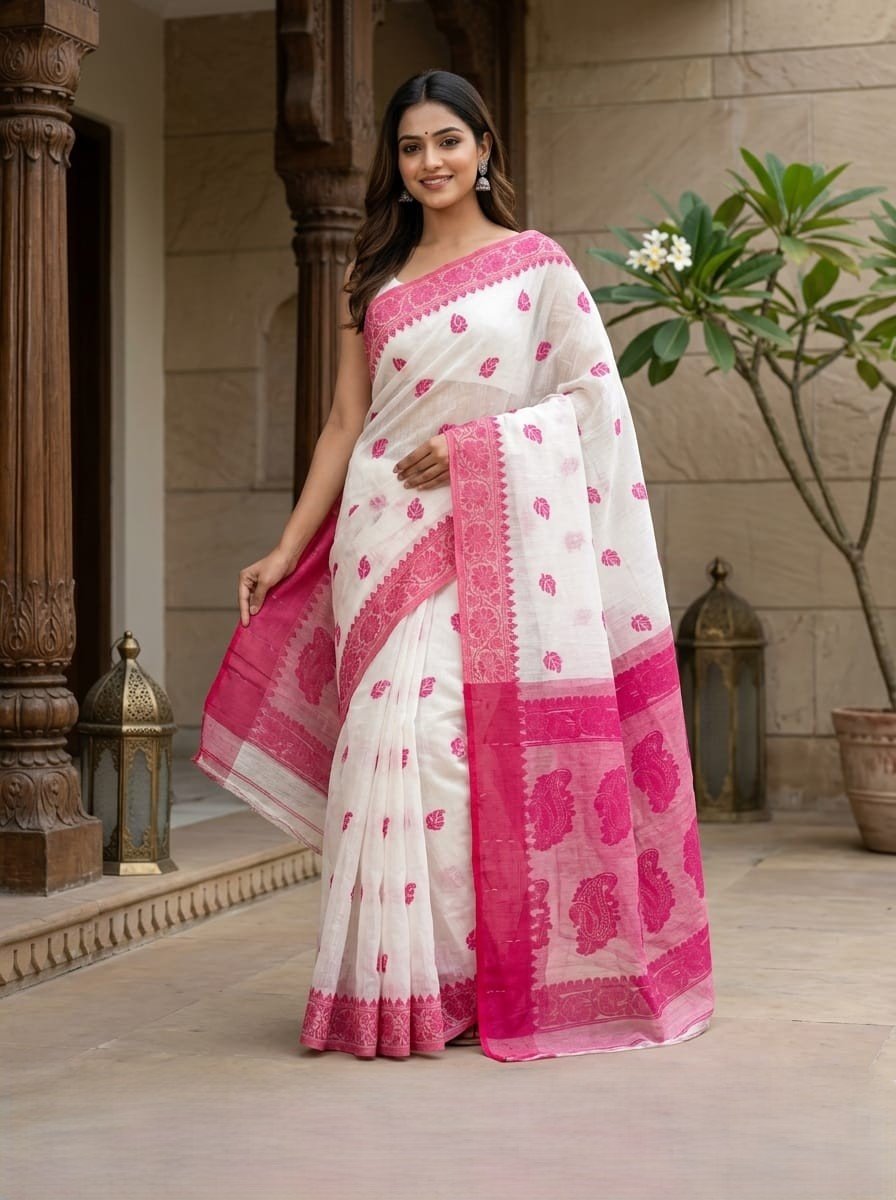 Nokshimala Design Soft Dhakai Jamdani Sari with Blouse Piece - White