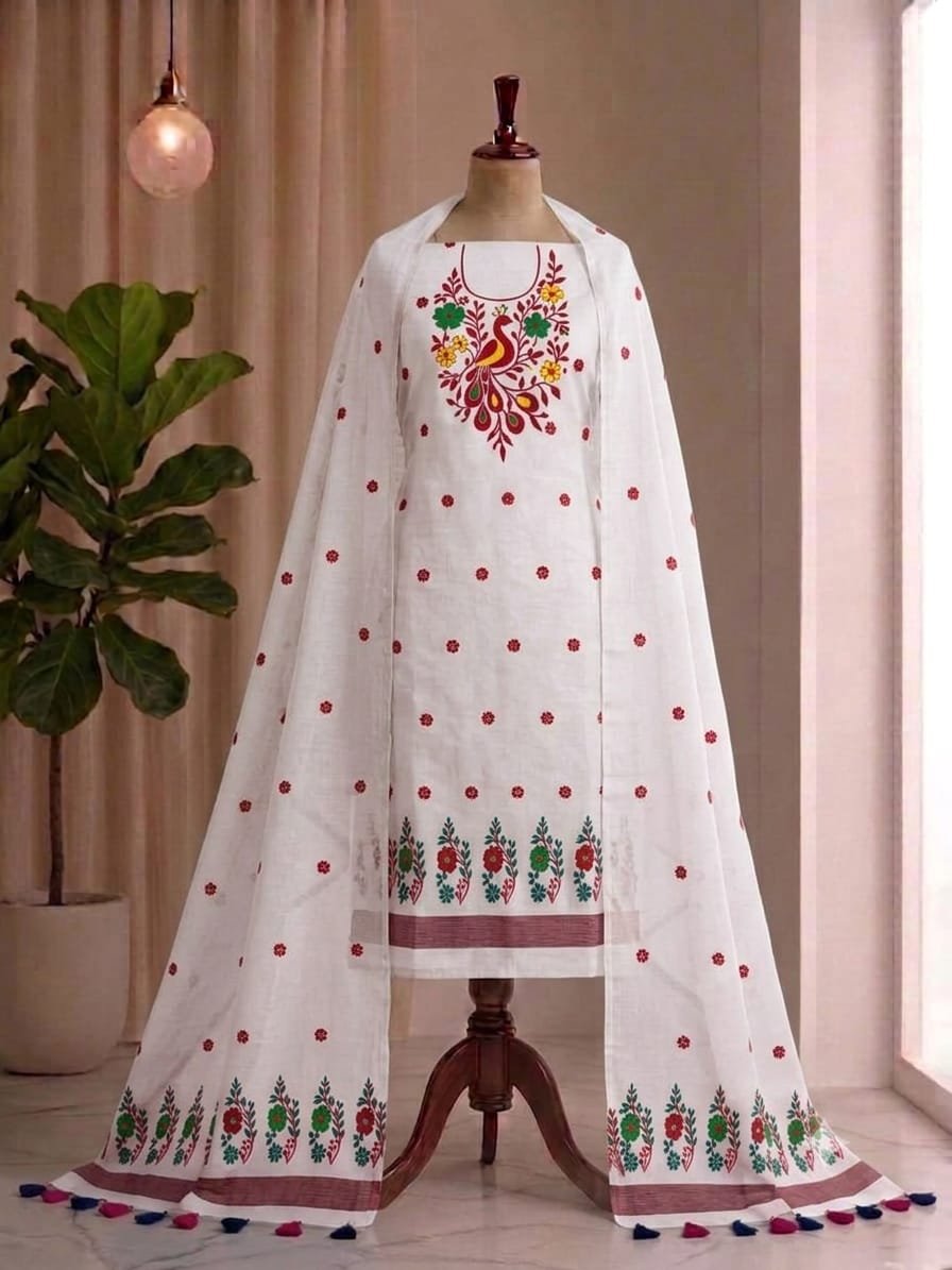 Peacock Design Unstitched Soft 2 Piece Salwar Set - White