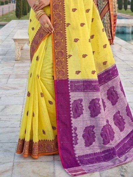 Nokshimala Design Soft Dhakai Jamdani Sari with Blouse Piece - Yellow