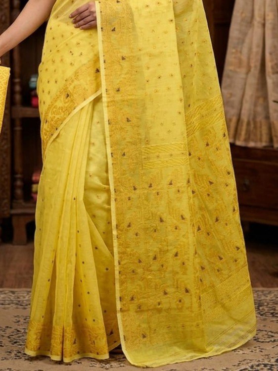 Allover Buti Soft Dhakai Jamdani Sari with Blouse Piece - Yellow
