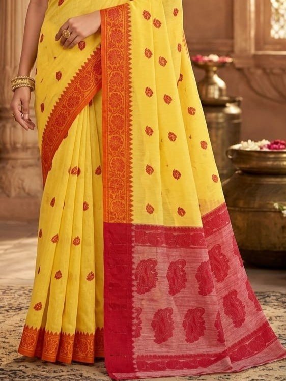 Nokshimala Design Soft Dhakai Jamdani Sari with Blouse Piece - Yellow