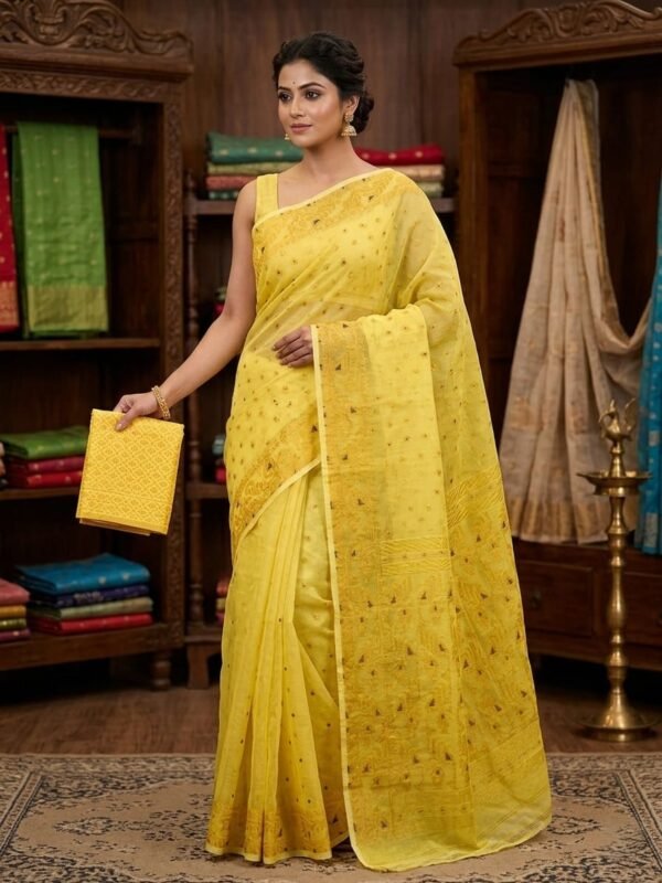 Allover Buti Soft Dhakai Jamdani Sari with Blouse Piece - Yellow