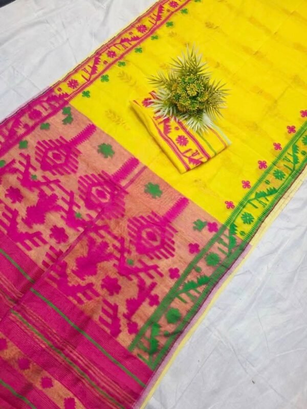 Shiuli Korat Soft Dhakai Jamdani Saree with Blouse Piece - Yellow