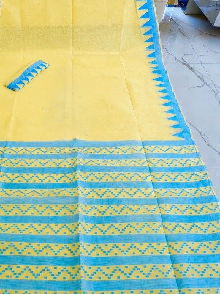 Body Plain Soft Dhakai Jamdani Saree with Blouse Piece - Yellow Lemon