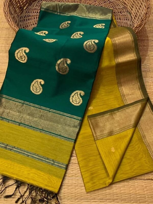 Maheshwari Design Handloom Cotton Silk Sari with Blouse Piece - Yellowish Brown