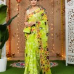 Lota Pata Soft Dhakai Jamdani Saree with Blouse Piece - Yellowish Green