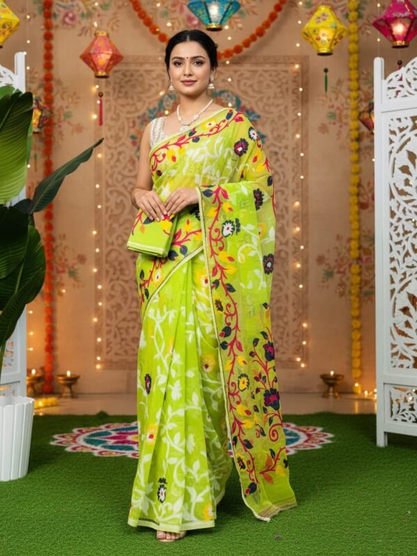 Lota Pata Soft Dhakai Jamdani Saree with Blouse Piece - Yellowish Green