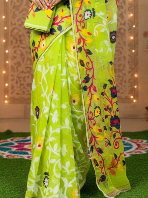 Lota Pata Soft Dhakai Jamdani Saree with Blouse Piece - Yellowish Green