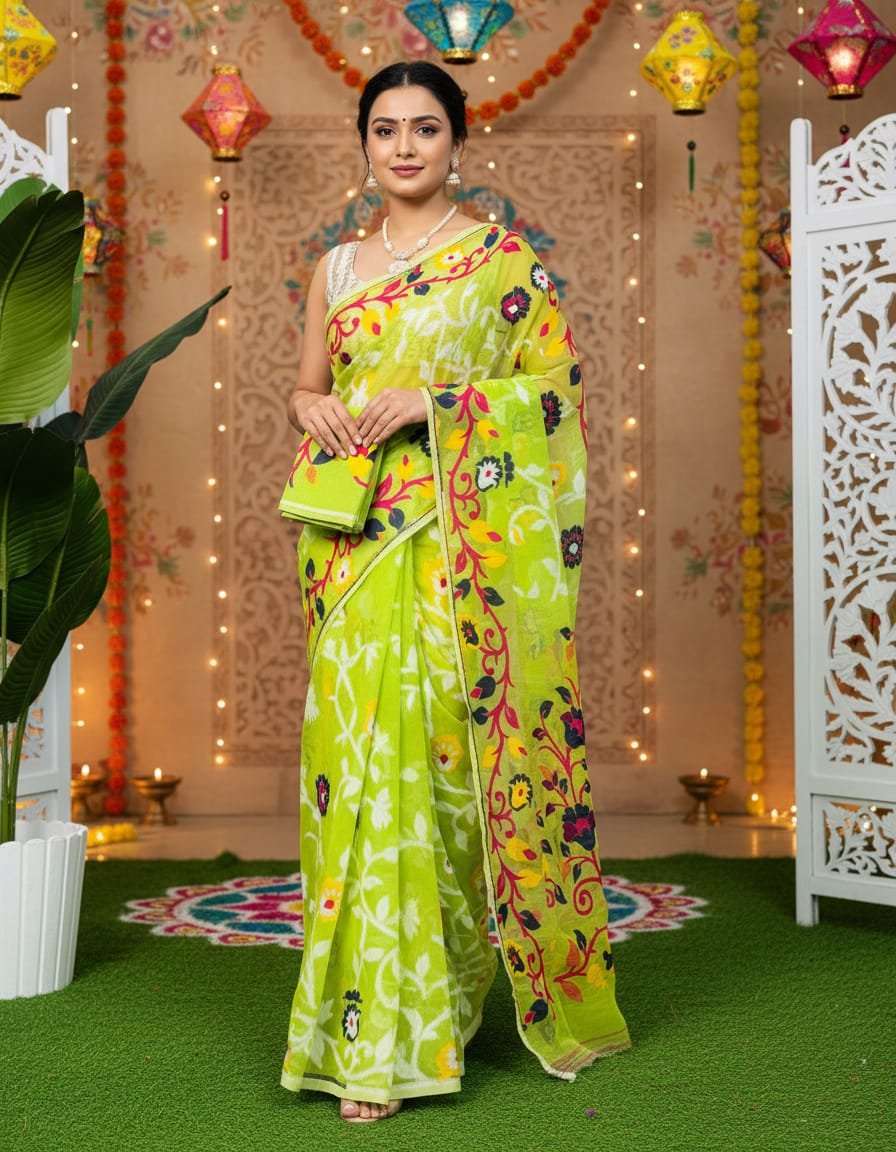 Lota Pata Soft Dhakai Jamdani Saree with Blouse Piece - Yellowish Green