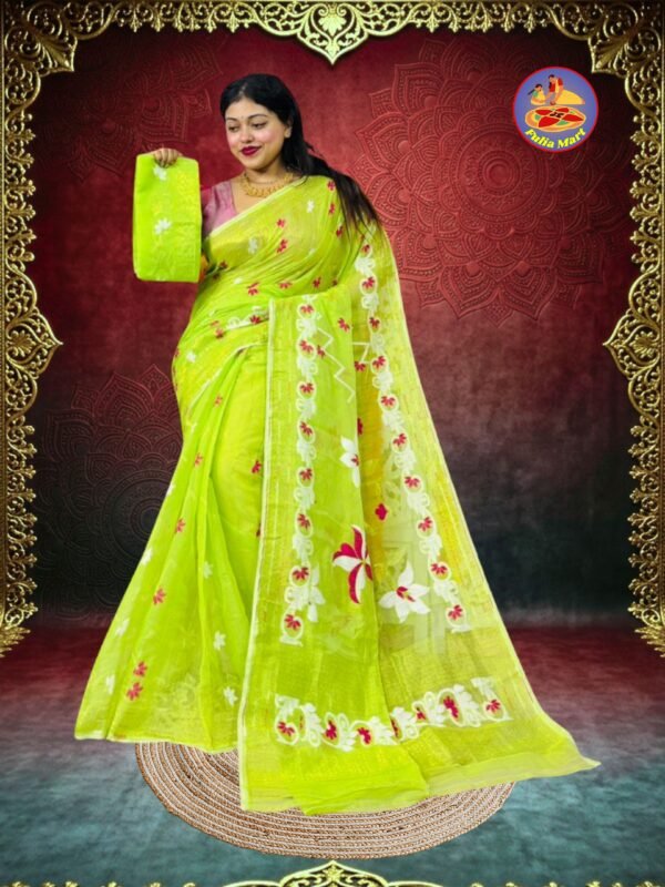 Shiuli Soft Dhakai Jamdani Sari with Blouse Piece - Avocado Green