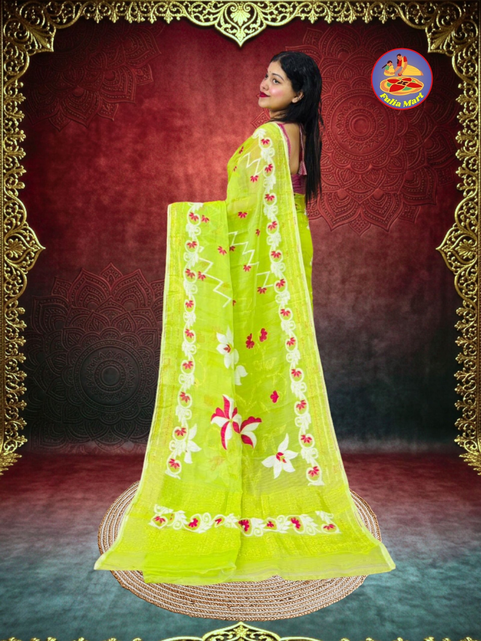 Shiuli Soft Dhakai Jamdani Sari with Blouse Piece - Avocado Green - Image 3