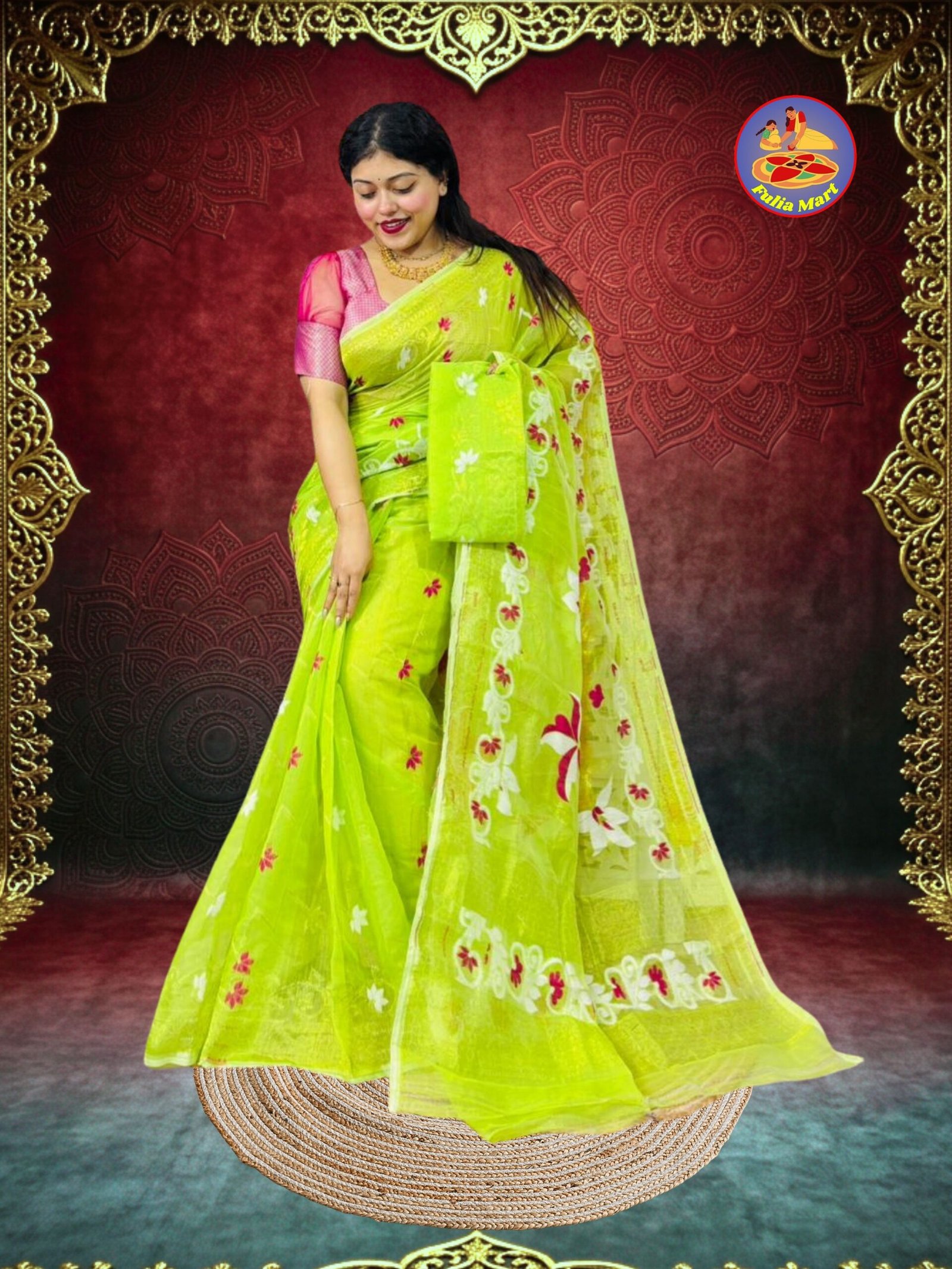 Shiuli Soft Dhakai Jamdani Sari with Blouse Piece - Avocado Green - Image 2