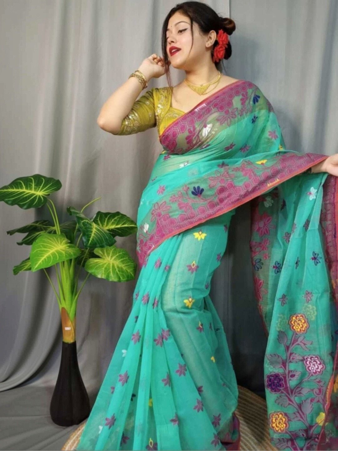Marigold Soft Greeny Blue Dhakai Jamdani Saree - Image 3
