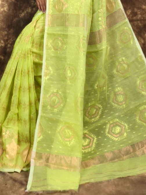 Body Mina Soft Zari Work Jamdani Sari with Blouse Piece - Avocado Green