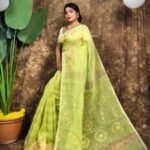 Body Mina Soft Zari Work Jamdani Sari with Blouse Piece - Avocado Green