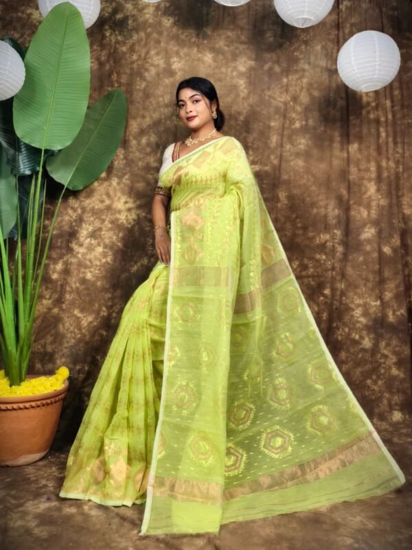 Body Mina Soft Zari Work Jamdani Sari with Blouse Piece - Avocado Green