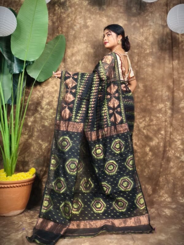 Body Mina Soft Zari Work Jamdani Sari with Blouse Piece - Black