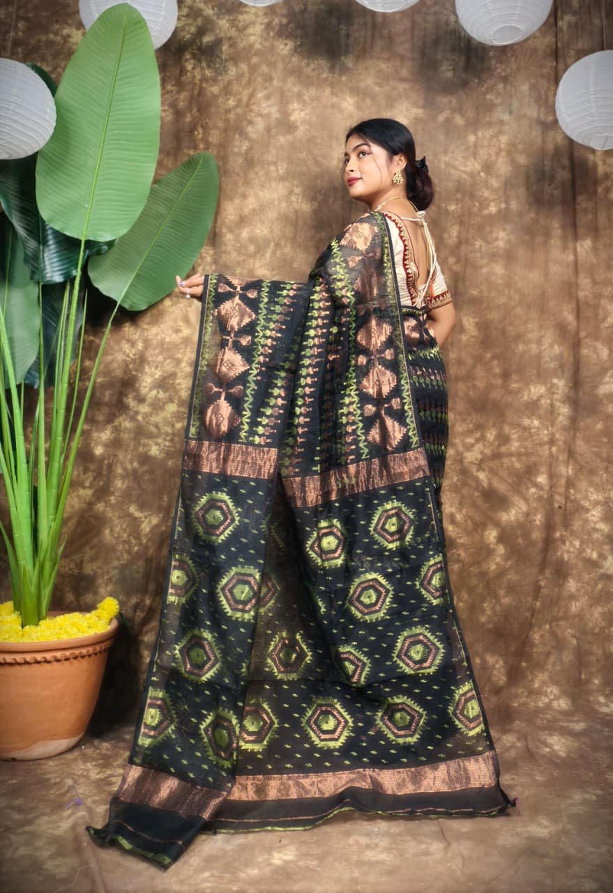 Body Mina Soft Zari Work Jamdani Sari with Blouse Piece - Black