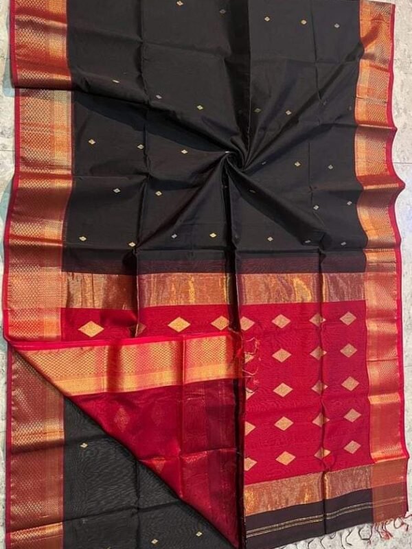 Maheshwari Design Handloom Cotton Silk Sari with Blouse Piece - Black