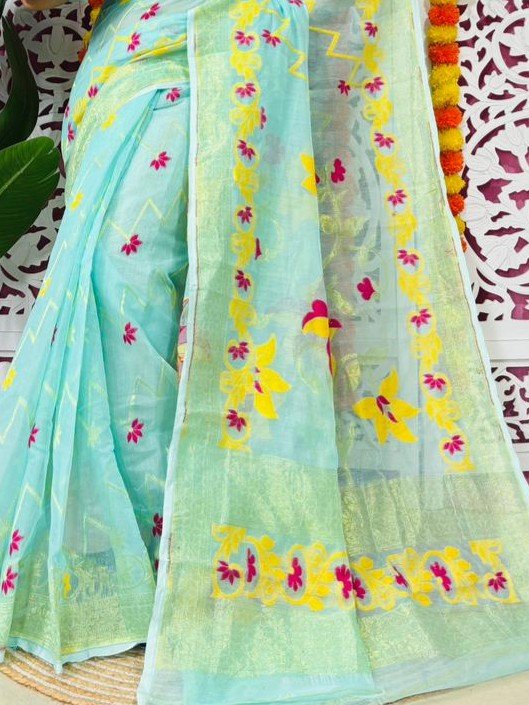Shiuli Soft Dhakai Jamdani Sari with Blouse Piece - Blue Hosta