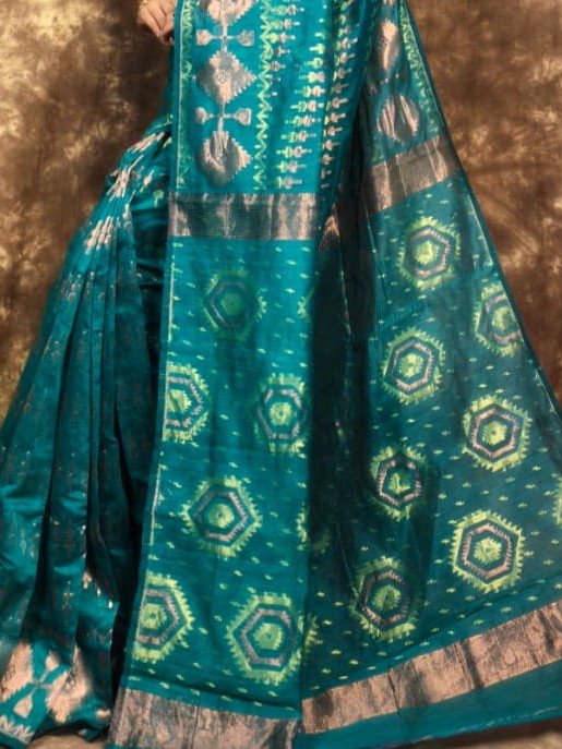 Body Mina Soft Zari Work Jamdani Sari with Blouse Piece - Dark Aqua