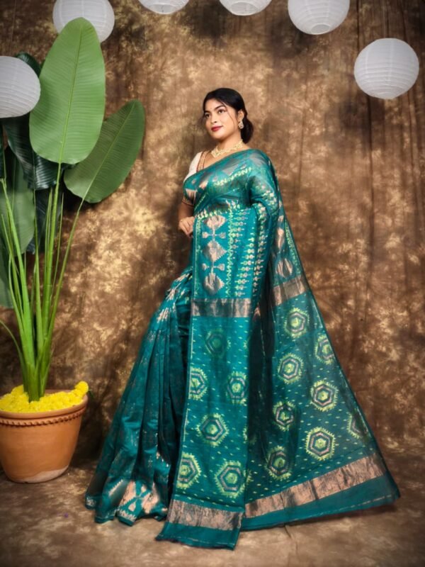 Body Mina Soft Zari Work Jamdani Sari with Blouse Piece - Dark Aqua