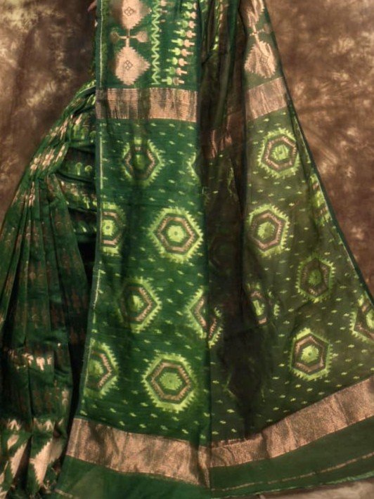Body Mina Soft Zari Work Jamdani Sari with Blouse Piece - Dark Green