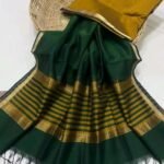 Maheshwari Design Handloom Cotton Silk Saree with Blouse Piece - Dark Green
