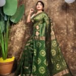 Body Mina Soft Zari Work Jamdani Sari with Blouse Piece - Dark Green