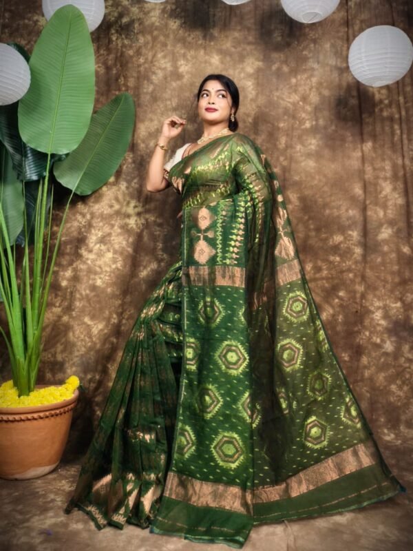 Body Mina Soft Zari Work Jamdani Sari with Blouse Piece - Dark Green