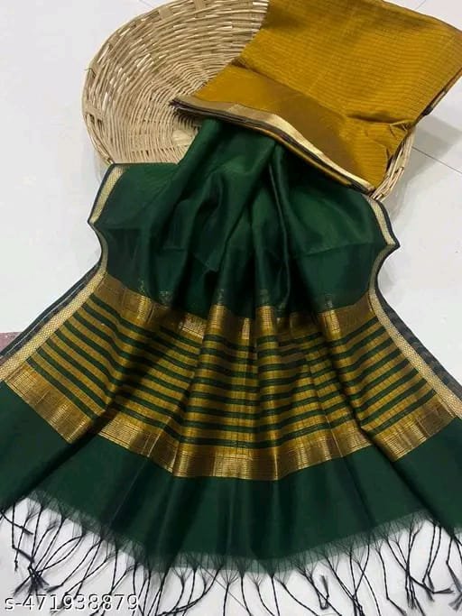 Maheshwari Design Handloom Cotton Silk Saree with Blouse Piece - Dark Green