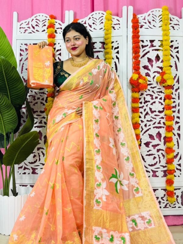 Shiuli Soft Dhakai Jamdani Sari with Blouse Piece - Dark Salmon