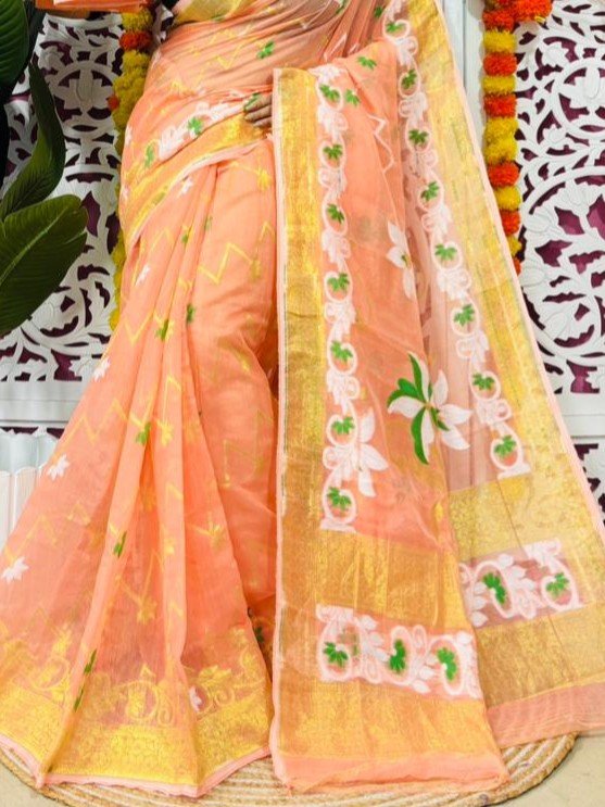 Shiuli Soft Dhakai Jamdani Sari with Blouse Piece - Dark Salmon