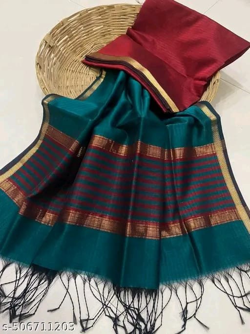 Maheshwari Design Handloom Cotton Silk Saree with Blouse Piece - Deep Aqua