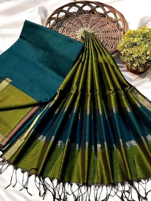 Maheshwari Design Handloom Cotton Silk Saree with Blouse Piece - Deep Sea Green
