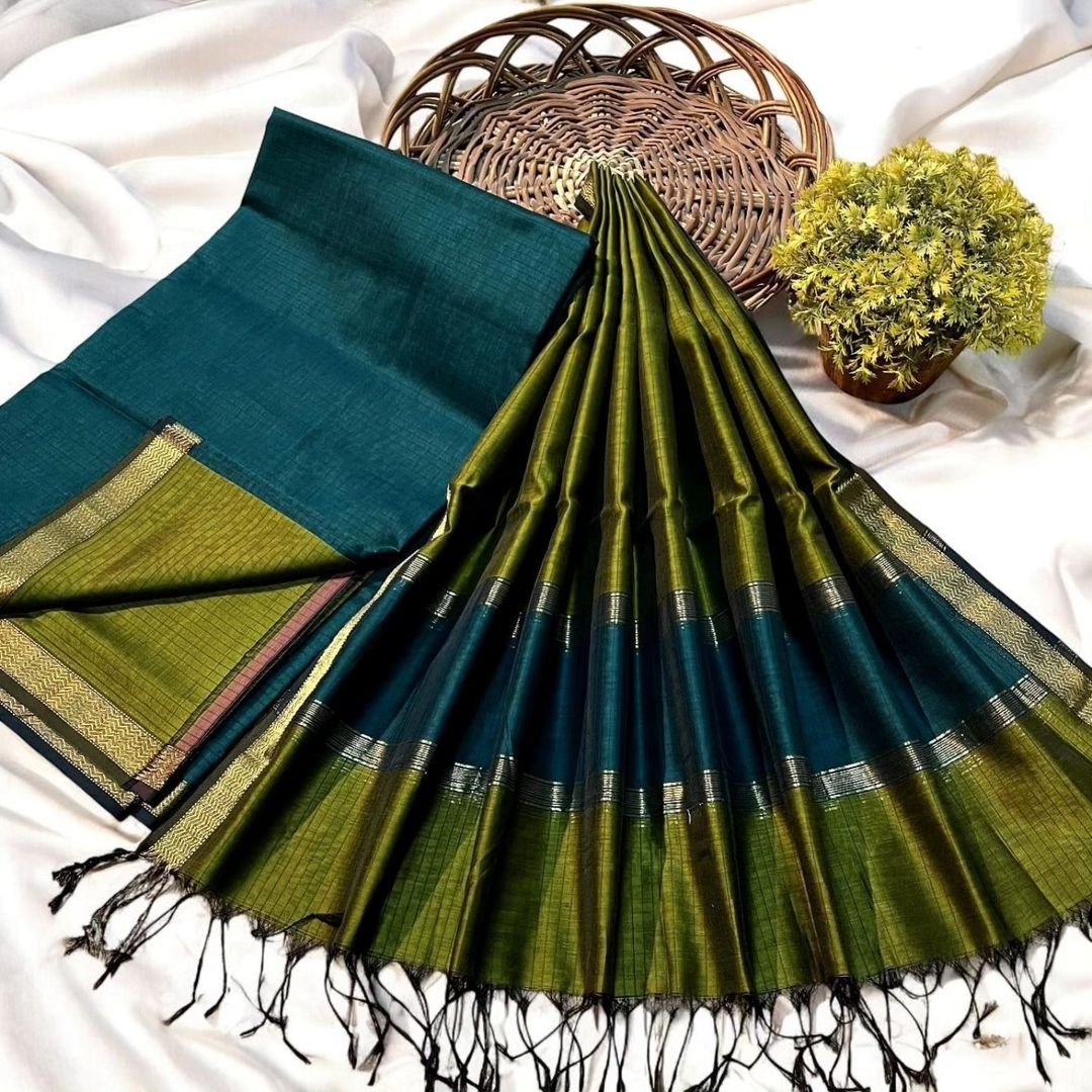 Maheshwari Design Handloom Cotton Silk Saree with Blouse Piece - Deep Sea Green