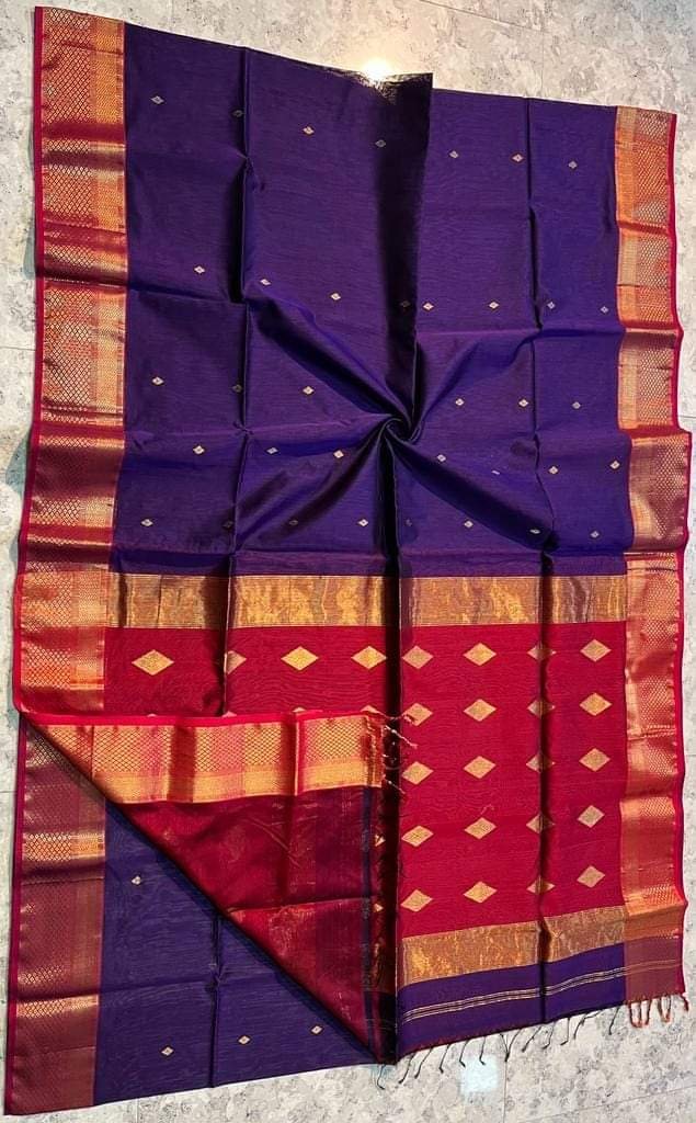 Maheshwari Design Handloom Cotton Silk Sari with Blouse Piece - Deep purple